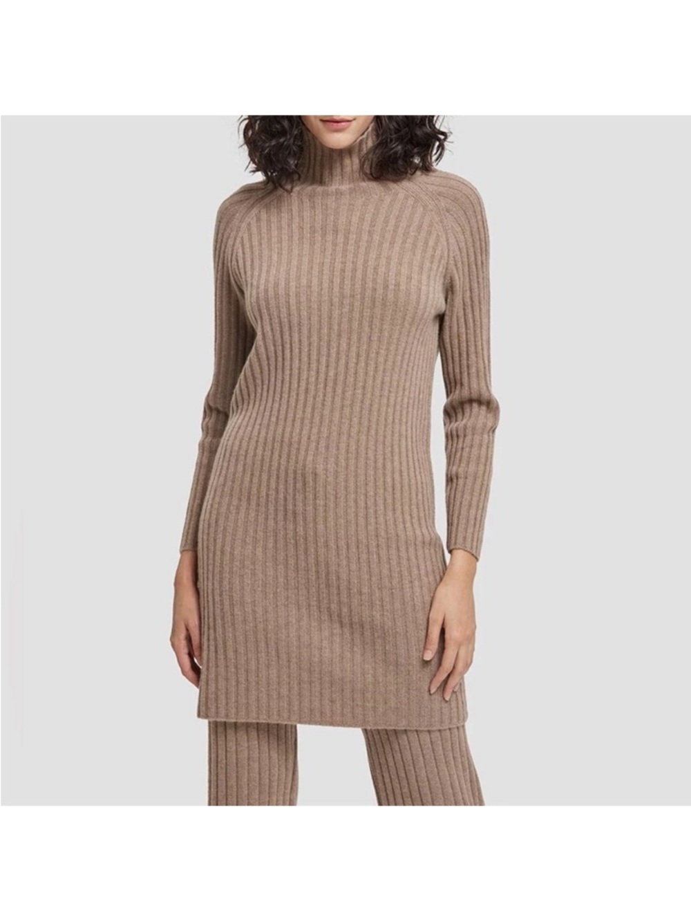 Nap Tan Ribbed Knit Cashmere Dress Size M Mock Turtleneck Neutral Minimalist